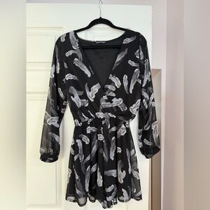 Express Black and Gray Feather Print Romper